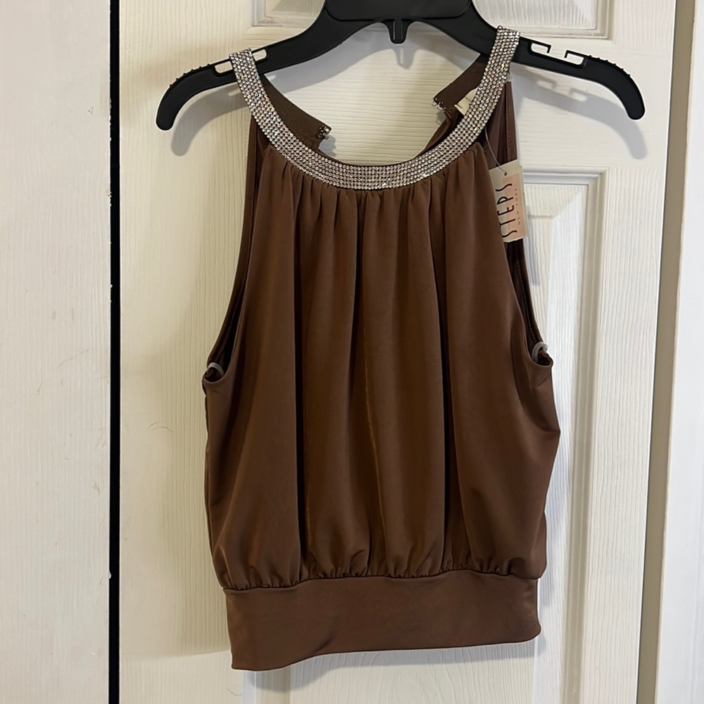Brown top with silver jeweled neckline